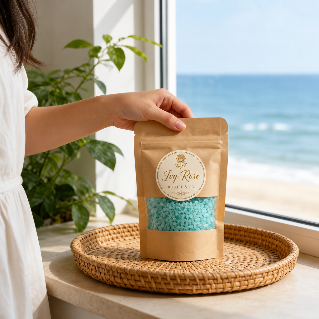 Aqua Blue luxury bath salts beside spa accessories
