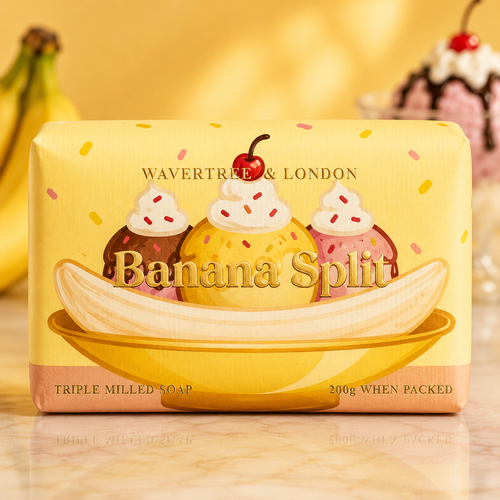 Banana Split artisan soap bar inspired by banana, vanilla and caramel with Organic Shea Butter