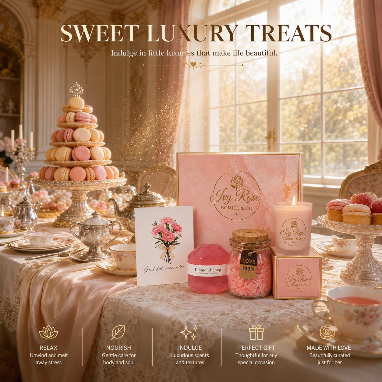 Birthday gift box for women styled on a high tea table with macarons, china teacups, pink marble box, diamond soap, bath salts, candle and floral card