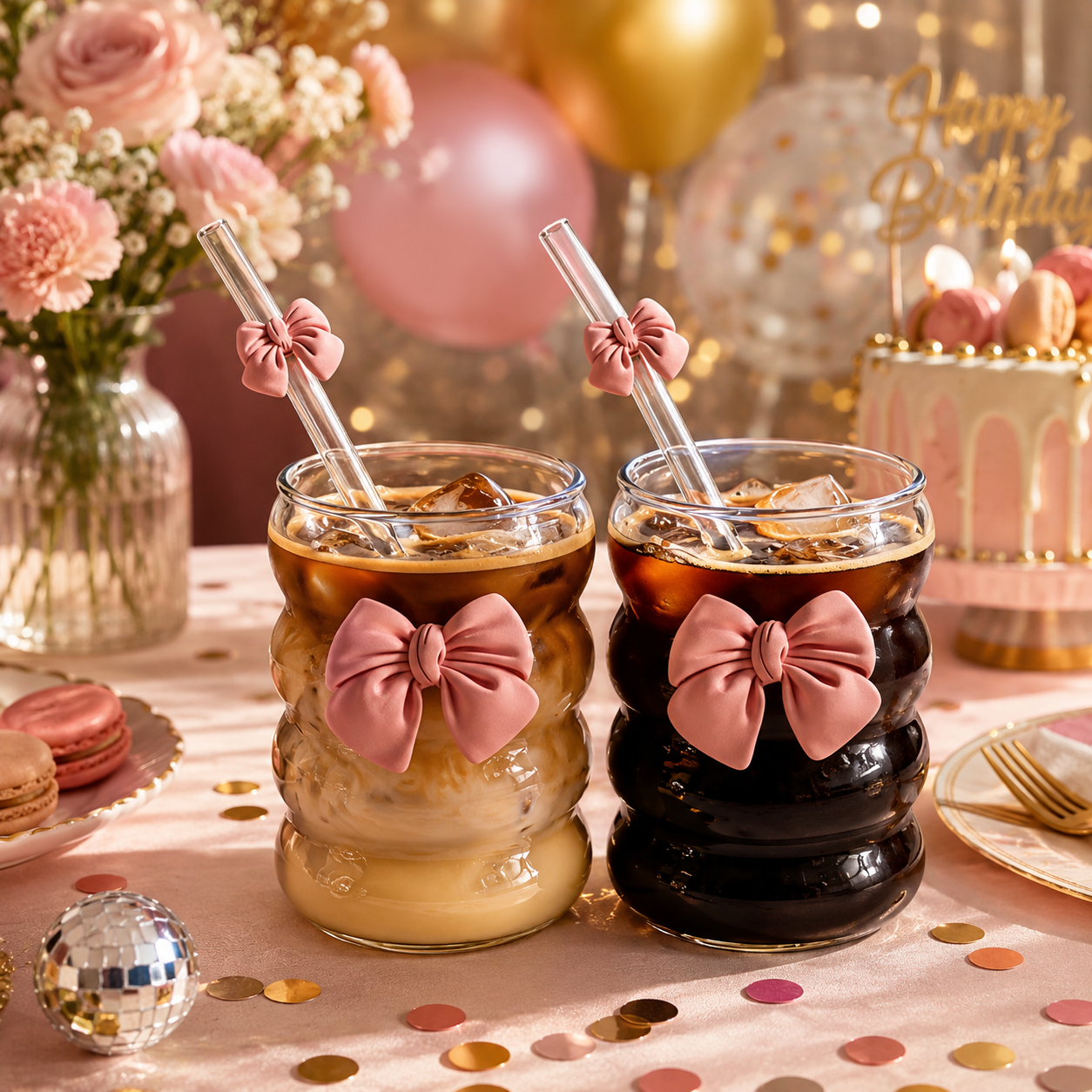 Butterfly glass cup with reusable glass straw on a decorated birthday table