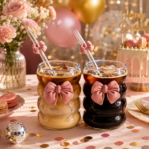 Butterfly glass cup with reusable glass straw on a decorated birthday table
