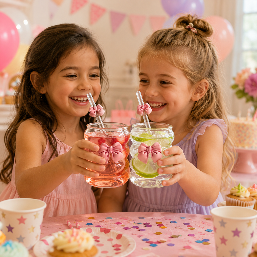 Children enjoying butterfly glass cups with reusable glass straws at a party
