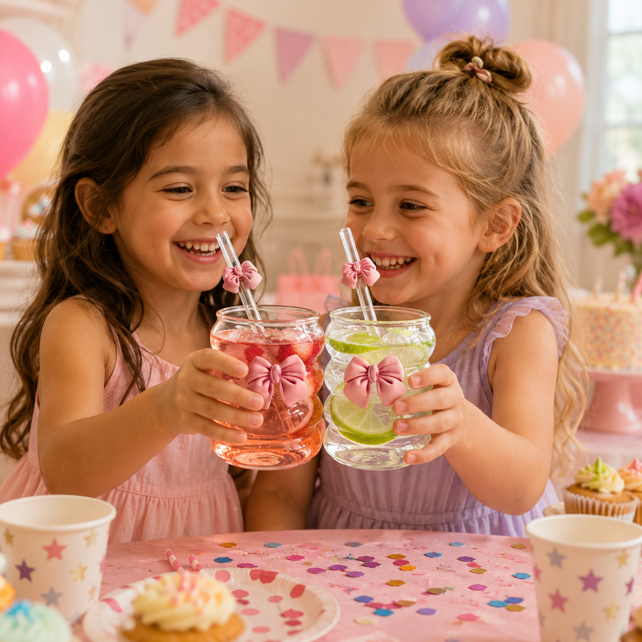 Children enjoying butterfly glass cups with reusable glass straws at a party