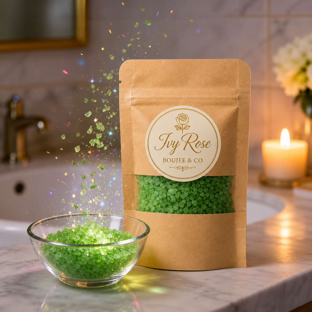 Coastal Mist bath salts with candles and natural décor