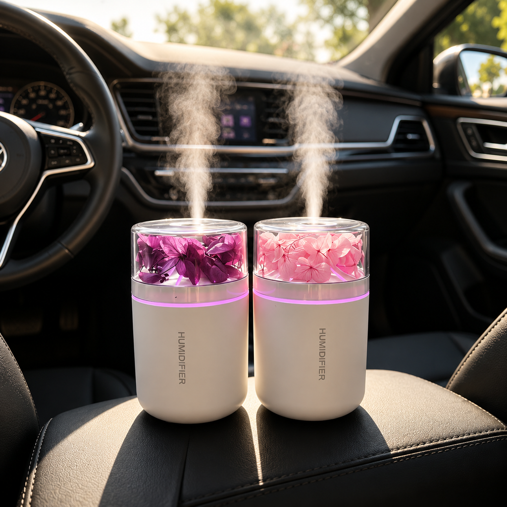 Compact flower humidifier inside a vehicle