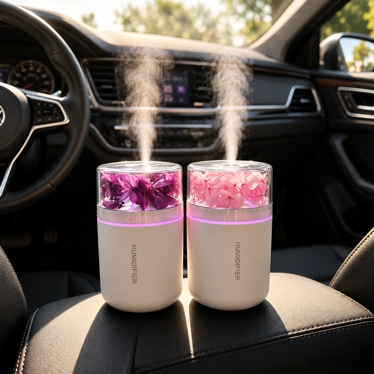 Compact flower humidifier inside a vehicle