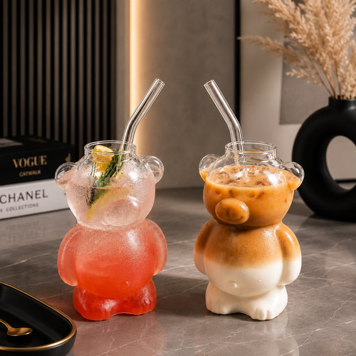 Cute bear glass cups with reusable glass straws for iced coffee
