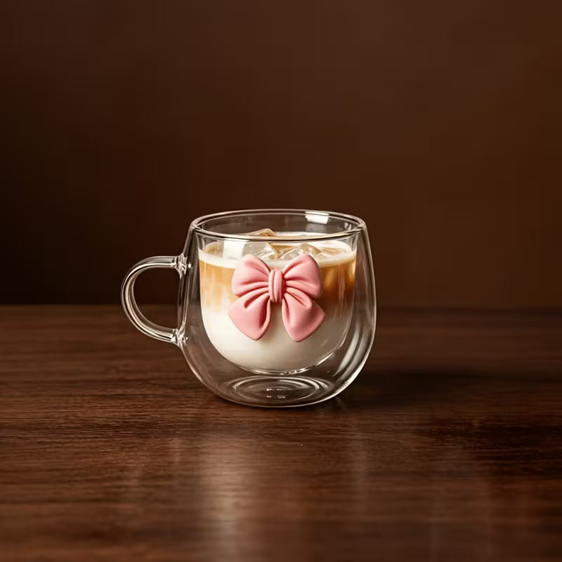 Double_wall_glass_mug_with_pink_bow_on_wooden_table_for_coffee_and_tea