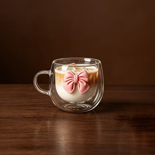 Double_wall_glass_mug_with_pink_bow_on_wooden_table_for_coffee_and_tea