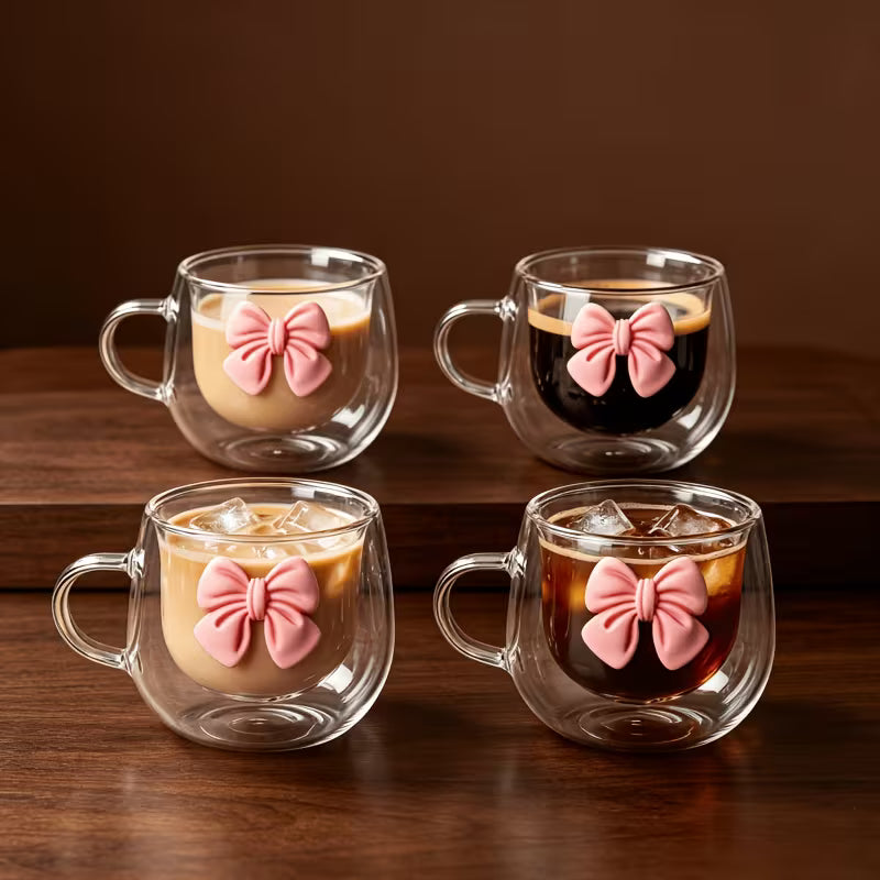 Double_wall_pink_bow_glass_mugs_stacked_for_stylish_drinkware_collection