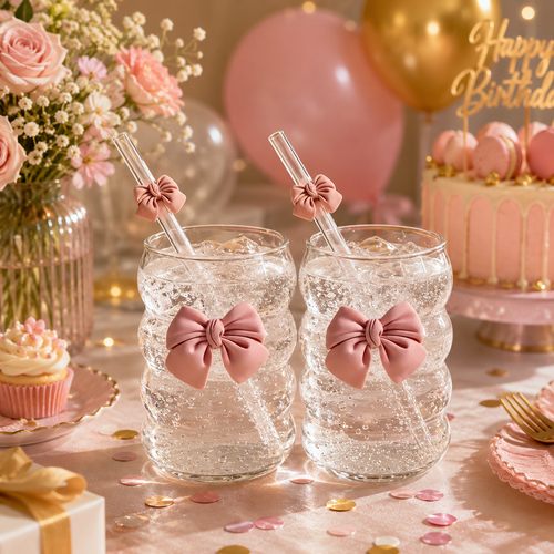 Elegant butterfly glass cups with glass straws for iced coffee and matcha
