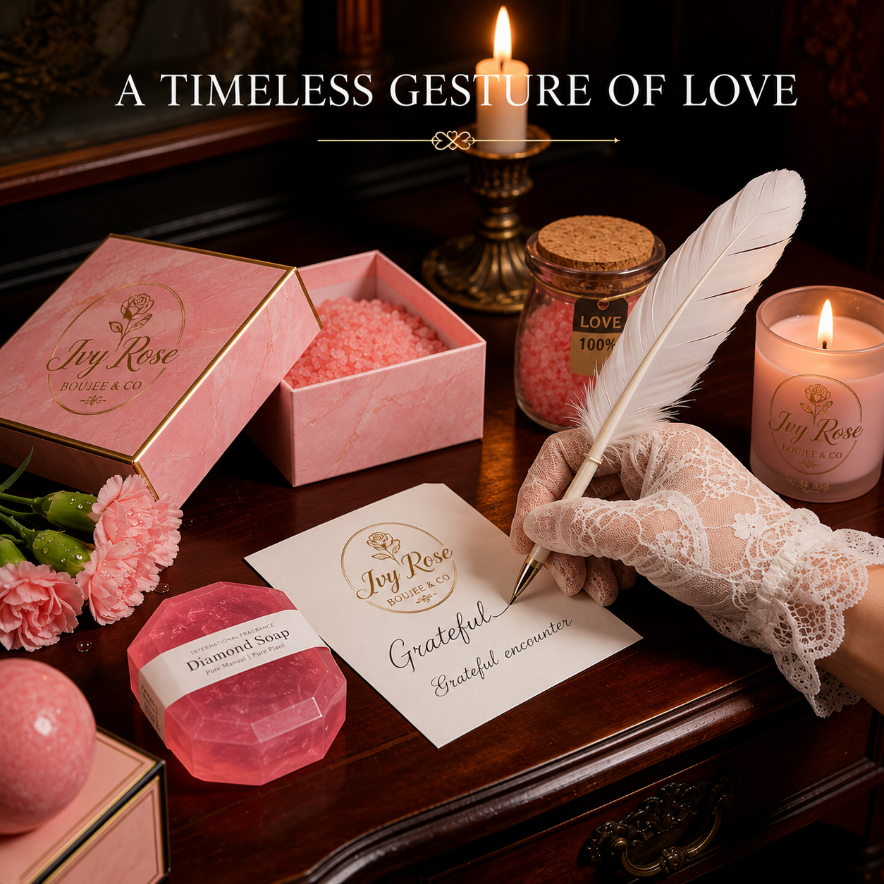 Gloved hand writing a personalised gift message with a feather quill beside an open pink marble gift box of bath salts, diamond soap, candle and pink carnations