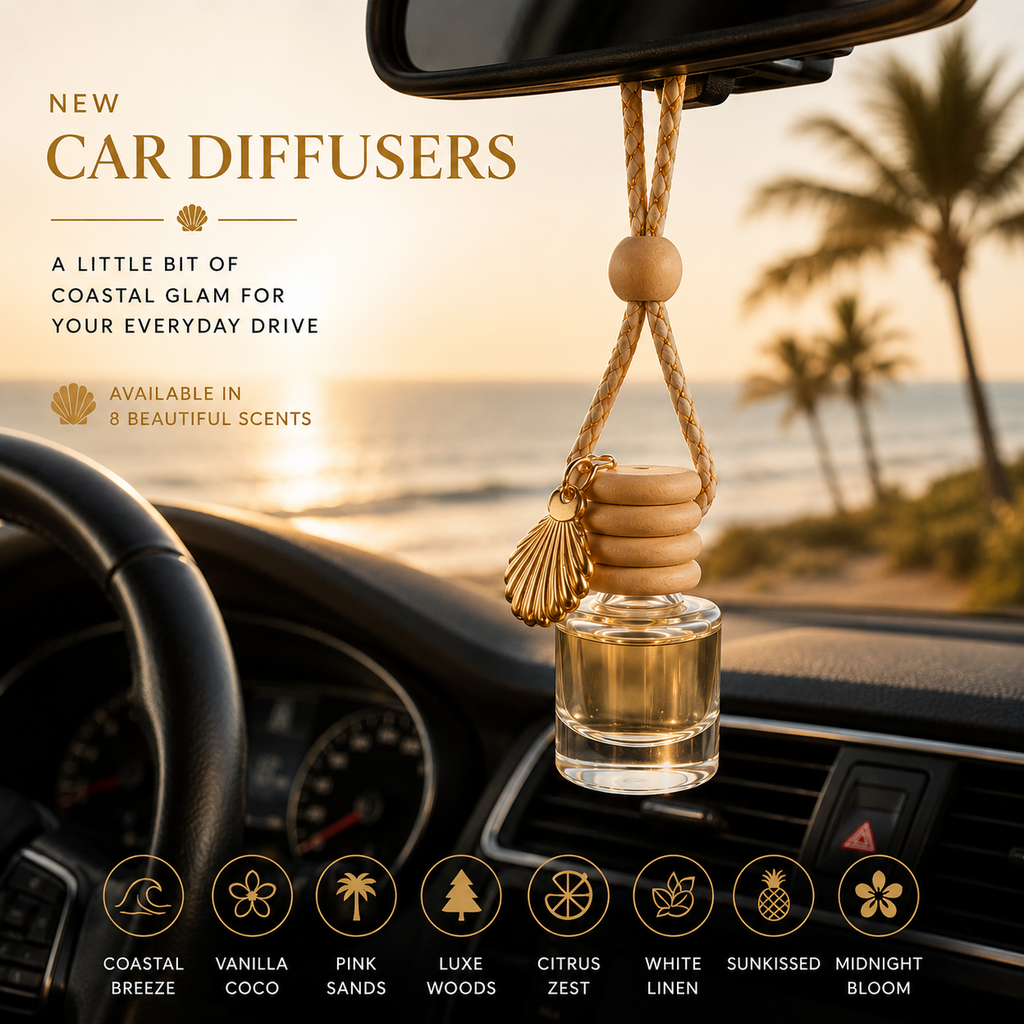 Hanging car diffuser installed on rear-view mirror with elegant gold finish