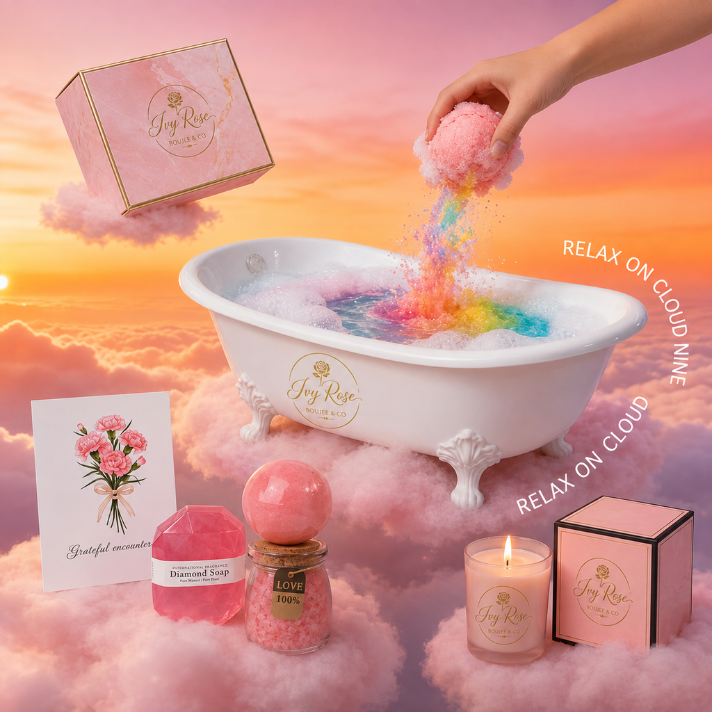 Ivy Rose Boujee and Co luxury spa gift box for her with rainbow bath bomb, diamond soap, pink bath salts, scented candle and floral card styled around a clawfoot bath on clouds
