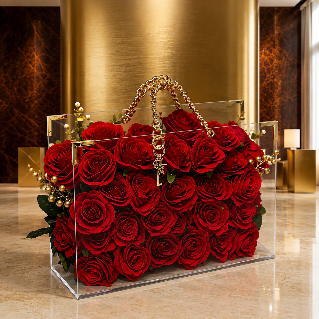 Luxury everlasting rose flower bag with premium preserved roses in an acrylic handbag