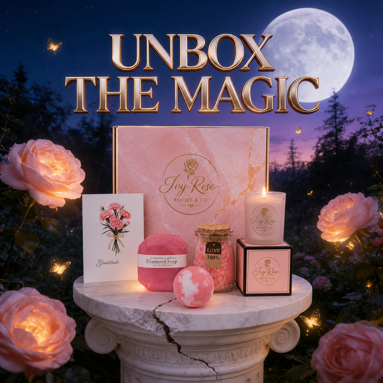 Luxury bath gift set displayed on a marble pedestal in a moonlit rose garden with pink gift box, diamond soap, bath bomb, salt jar, candle and gratitude card