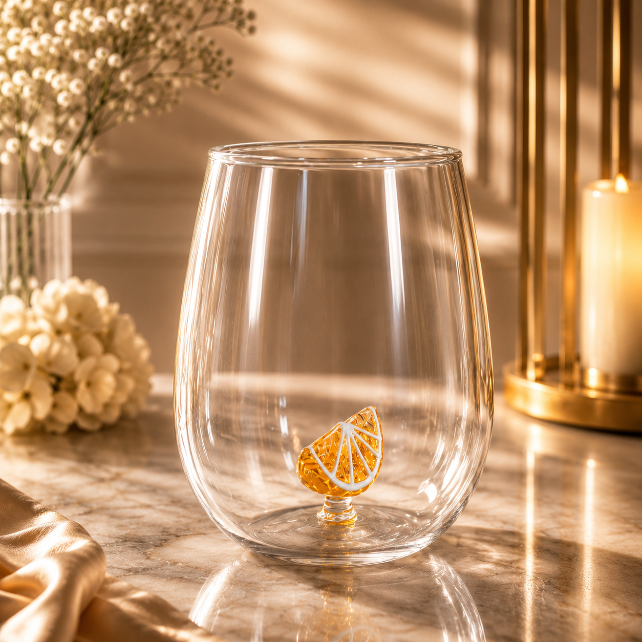 Luxury citrus stemless glass with handcrafted suspended citrus slice on an elegant table setting
