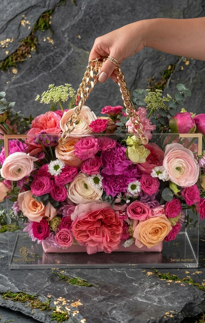 Luxury floral handbag arrangement with preserved roses