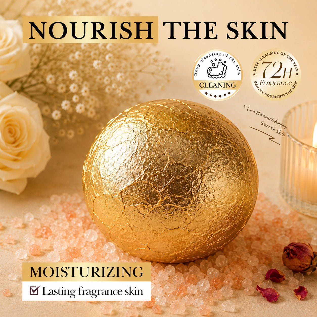 Luxury gold bath bomb with shimmering finish for a relaxing spa bath