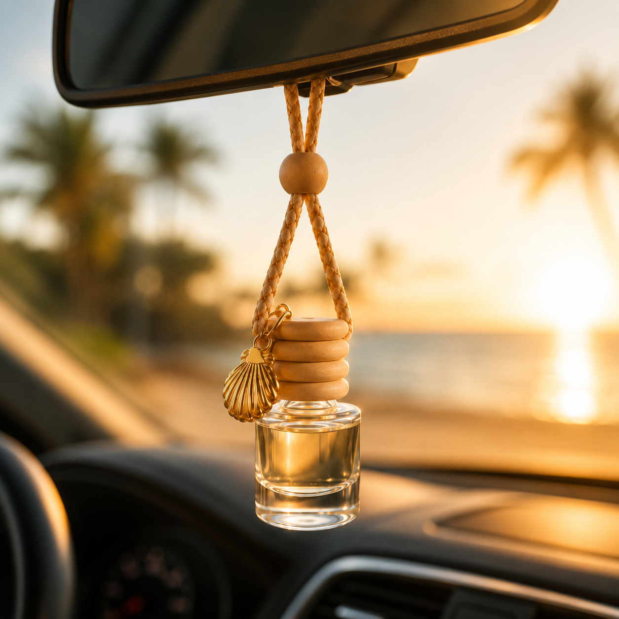 Luxury hanging car diffuser with premium glass bottle in a modern vehicle interior