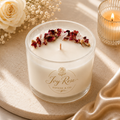Luxury soy wax rose petal candle with dried rose petals in reusable glass jar