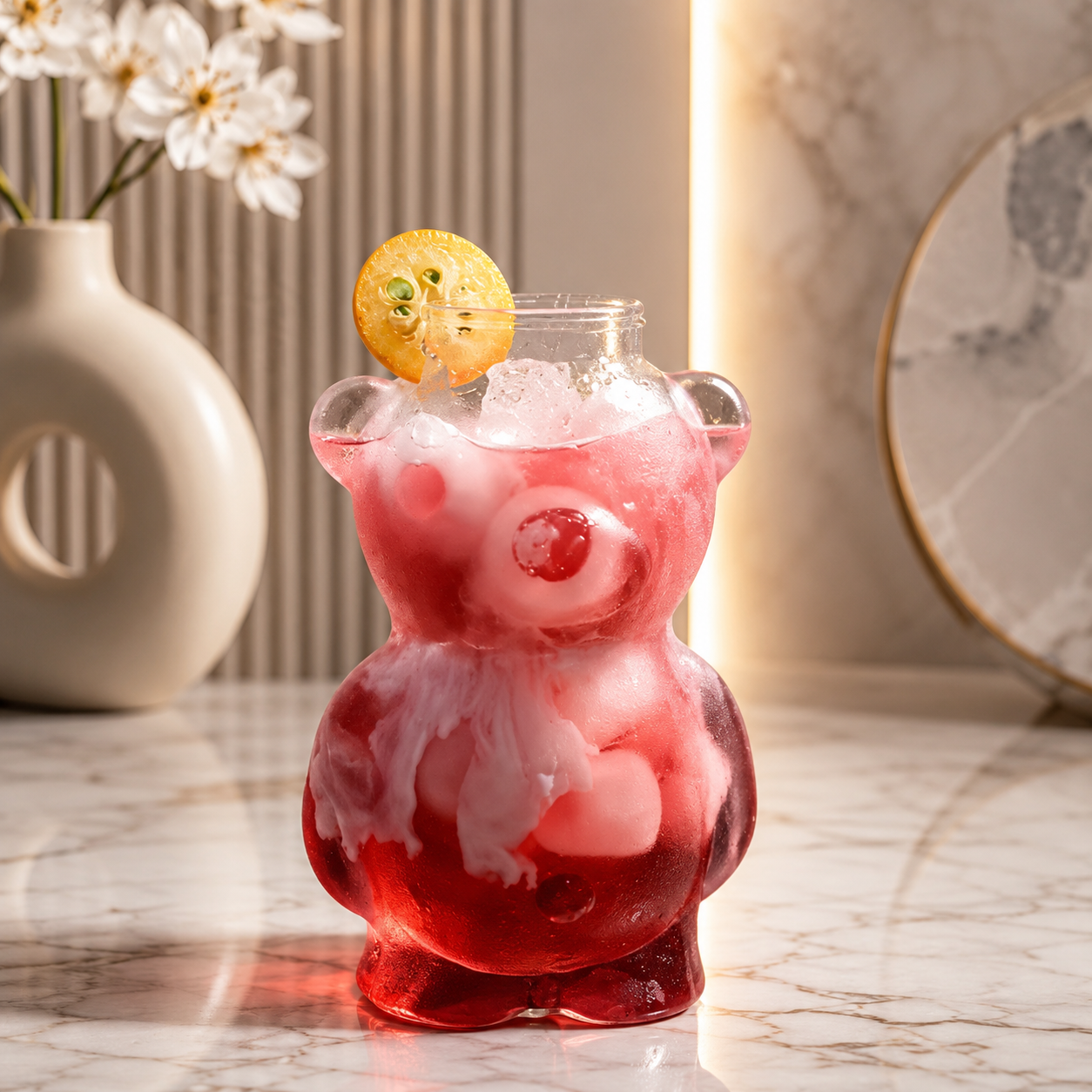 Pink bear glass cup with reusable glass straw for smoothies and juice