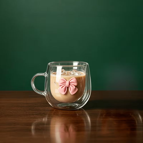 Pink_bow_insulated_glass_mug_with_coffee_on_green_background