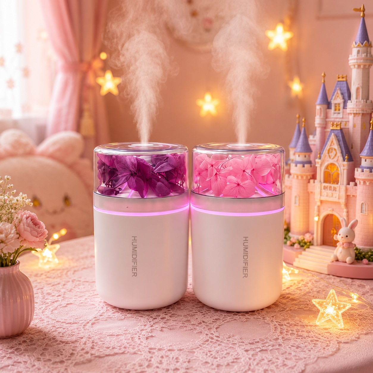 Pink flower air humidifier with ambient LED light on bedside table