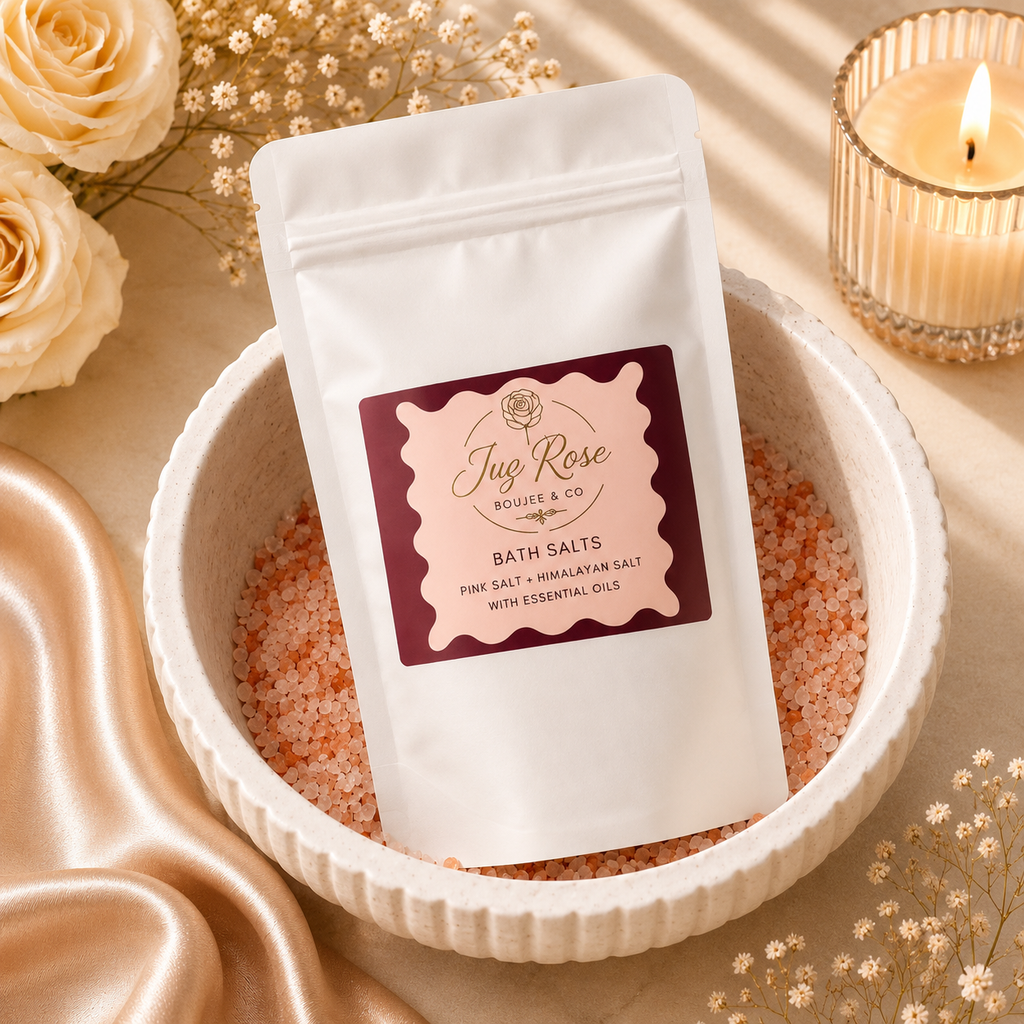Premium Himalayan bath salts displayed with spa accessories and candles