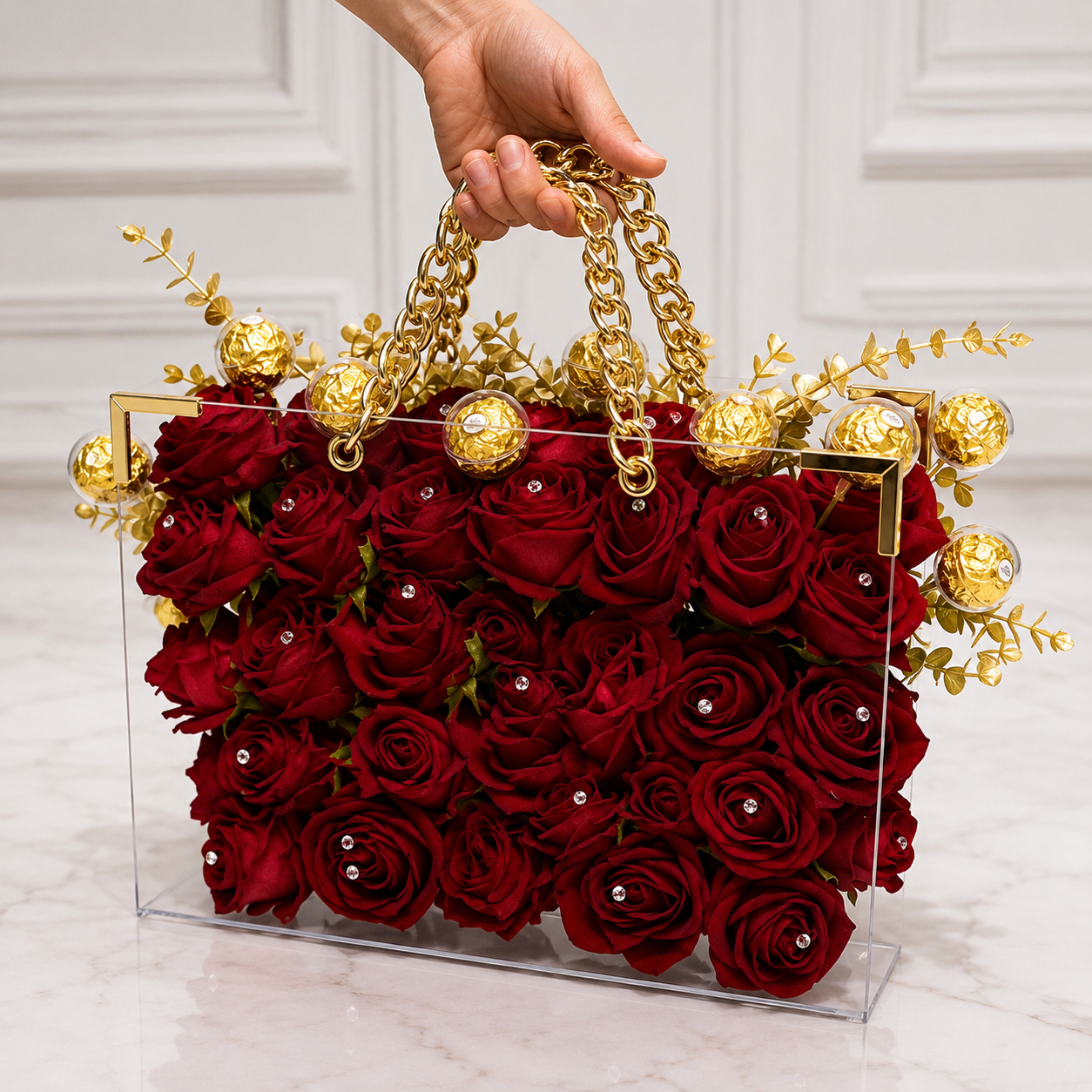 Luxury everlasting rose flower bag in an acrylic handbag with preserved roses