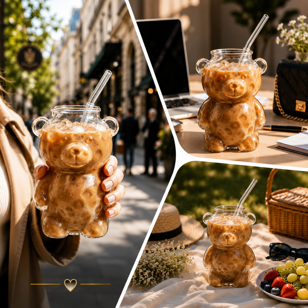 Premium bear-shaped glass cup with coffee on a stylish café table