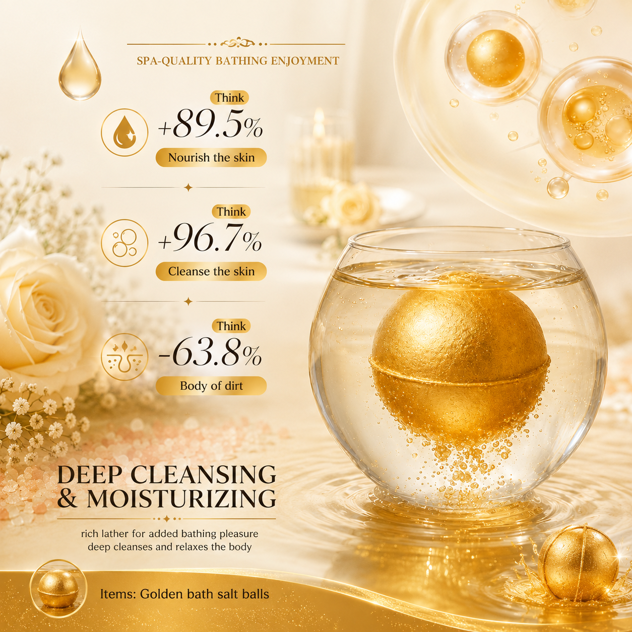 Premium gold bath bomb gift with moisturising and cleansing benefits