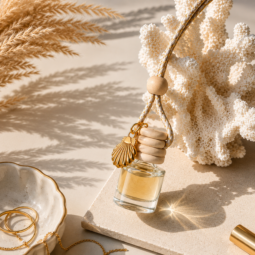 Premium hanging car diffuser featuring reusable glass bottle and fragrance oil