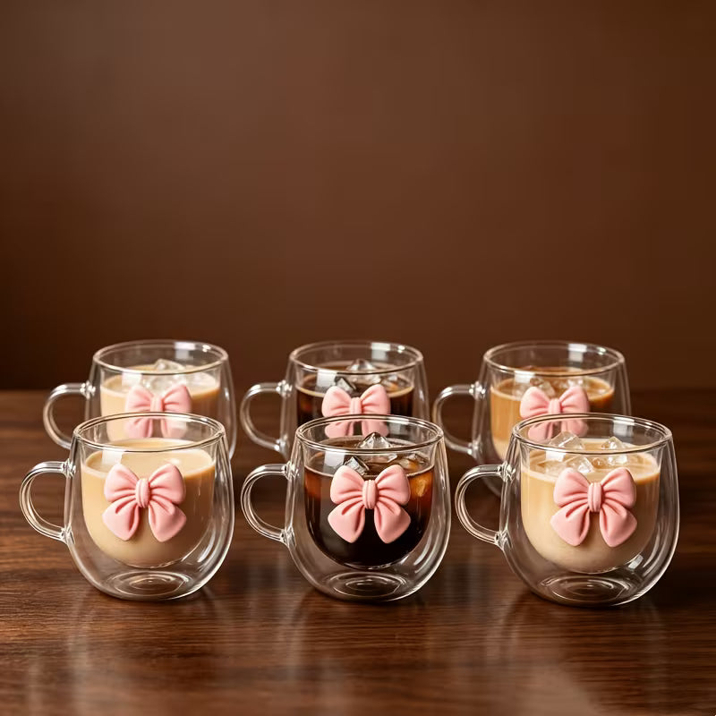 Premium_insulated_glass_mugs_with_pink_bow_handles_on_wooden_surface