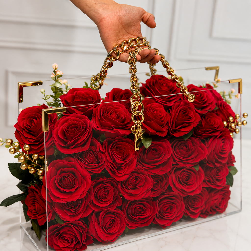 Red luxury everlasting rose flower bag with preserved roses and gold chain