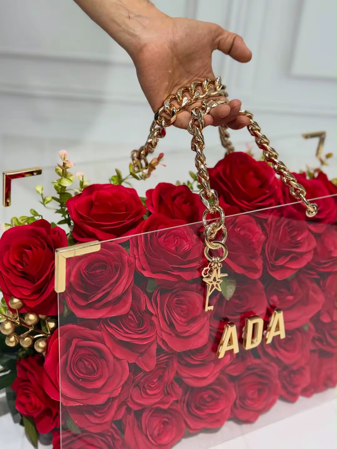 Red preserved rose flower bag with luxury gold chain handbag