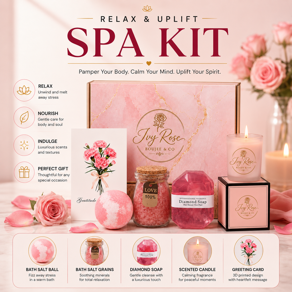 Relax and Uplift Spa Kit gift set for women showing pink marble gift box, bath salt ball, bath salt grains jar, diamond soap, scented candle and 3D floral greeting card with pink roses