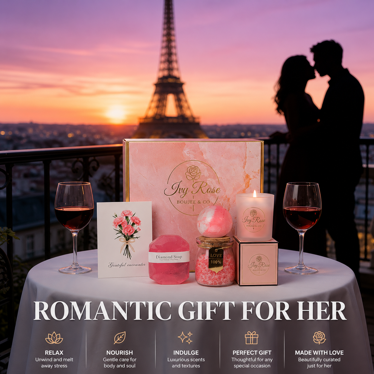 Romantic anniversary gift for her set on a Paris balcony table at sunset with wine glasses, pink gift box, diamond soap, bath bomb, salt jar and candle