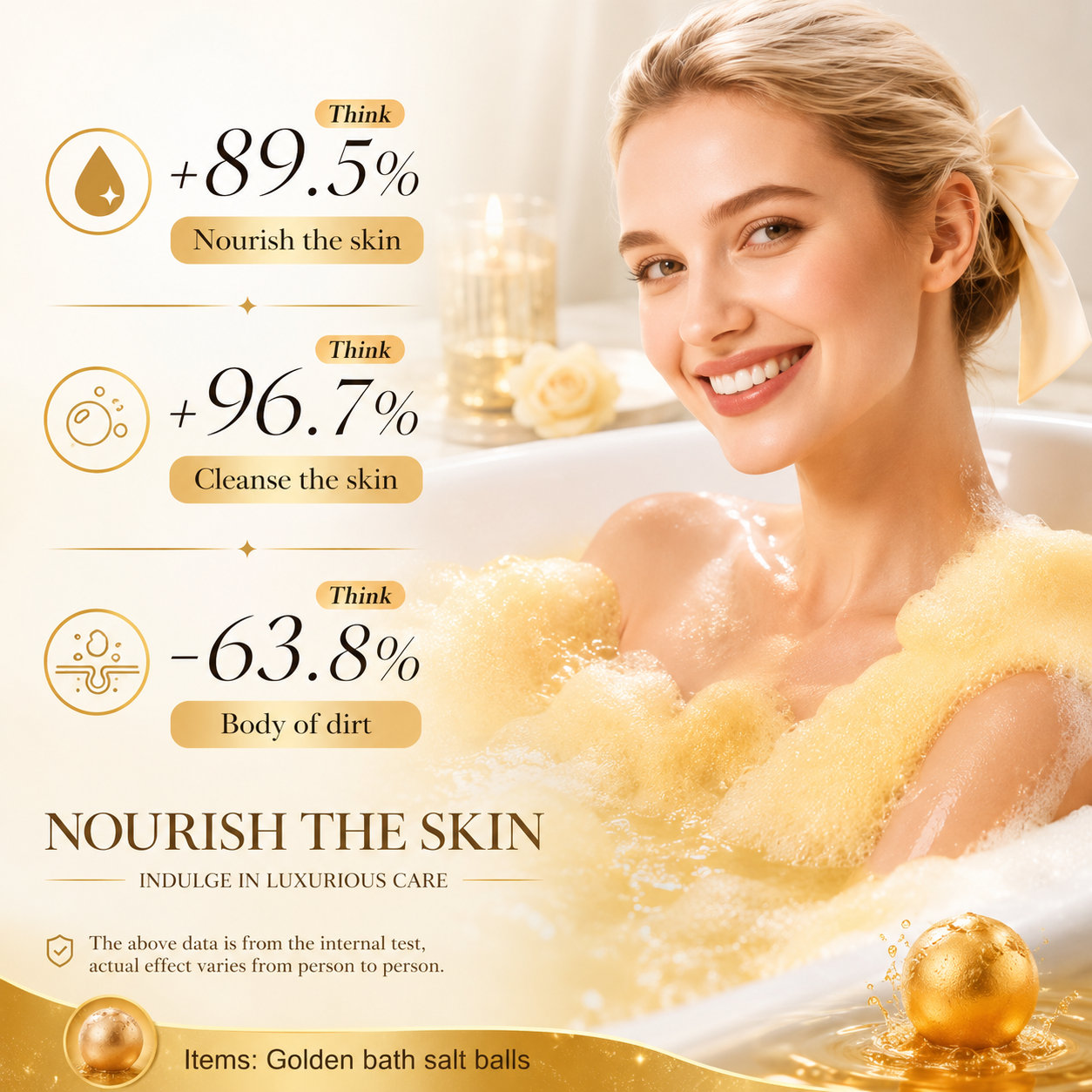 Woman enjoying a luxurious bath with Luxury Gold Bath Bomb