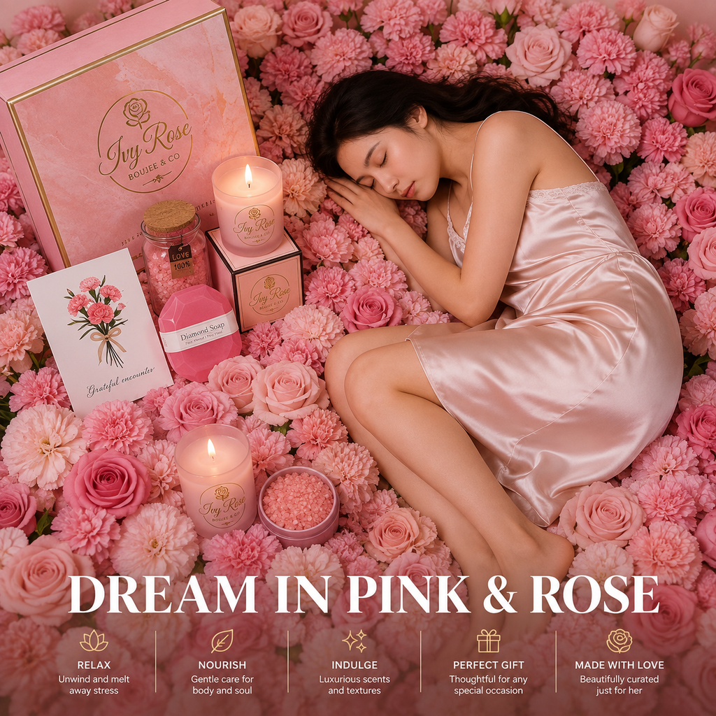 Woman in a blush satin slip resting on a bed of pink roses and carnations beside a personalised spa gift hamper with candles, bath salts, diamond soap and gift card