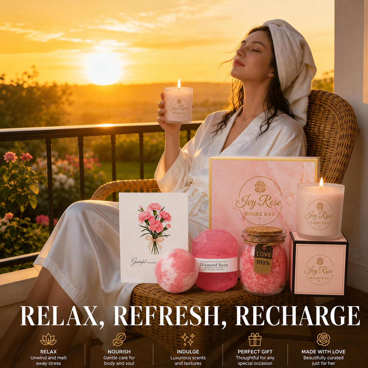 Woman in a white robe relaxing at sunset holding a scented candle beside a self care gift set with bath bomb, diamond soap, bath salts and floral card
